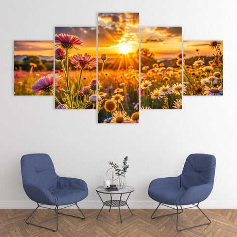 Image of Sunset in Field of Flowers