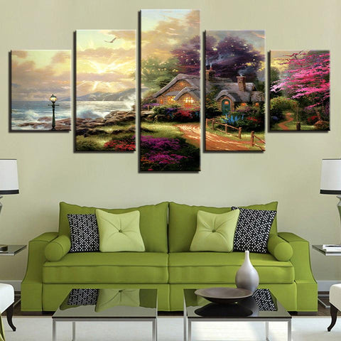Image of Wall Ready Canvas Enchanted Cottage ready to hang modern wall art multi panel 5 piece