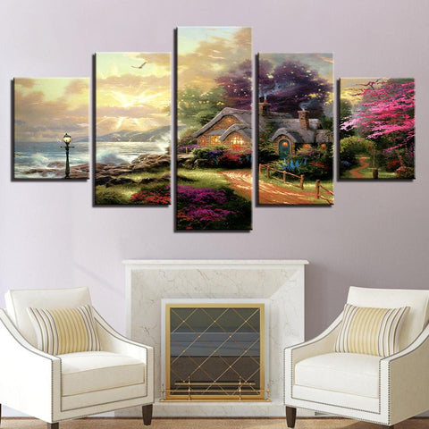 Image of Wall Ready Canvas Enchanted Cottage ready to hang modern wall art multi panel 5 piece