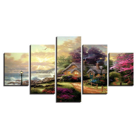 Image of Wall Ready Canvas Enchanted Cottage ready to hang modern wall art multi panel 5 piece
