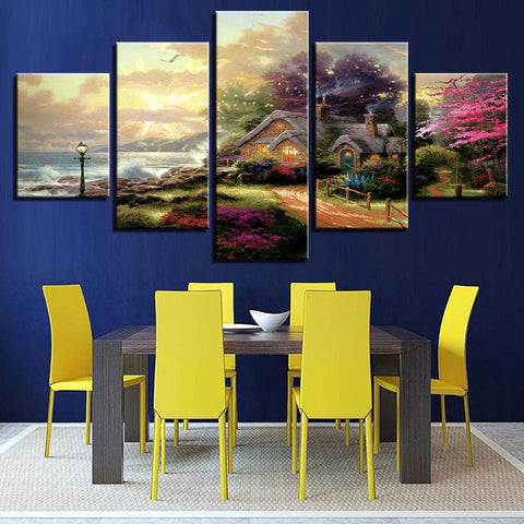 Image of Wall Ready Canvas Enchanted Cottage ready to hang modern wall art multi panel 5 piece