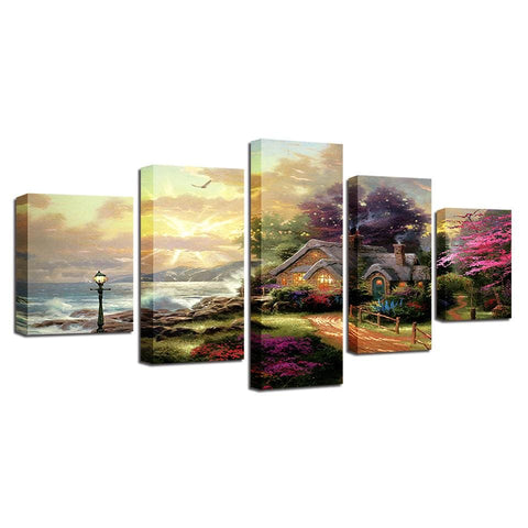 Image of Wall Ready Canvas Enchanted Cottage ready to hang modern wall art multi panel 5 piece